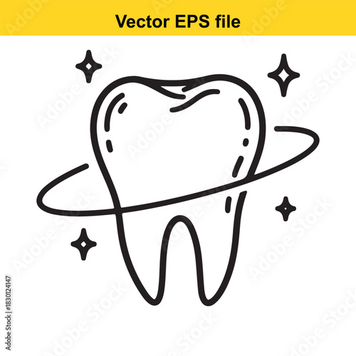 Clean and shiny tooth icon with sparkling stars and orbital line, perfect for dental health and hygiene concepts, isolated on white background