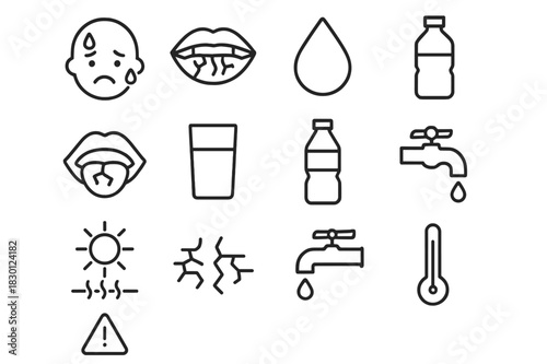 Dehydration Icon Set. Thirst and dehydration. Line icon set of thirst and dehydration: sweating face, parched lips, droplet, dry mouth, glass,