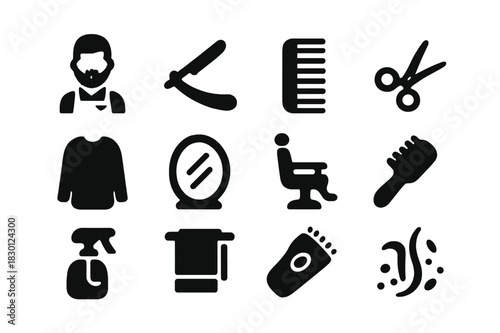 Professional Barbering Icons. Professional barbering. Solid icon set of Professional barbering: barber, straight razor, comb, scissors, cape, mirror, barber
