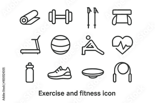 Fitness Icon Set. Exercise and fitness. Line icon set of Exercise and fitness: yoga mat, dumbbell, walking stick, resistance band, treadmill, exercise ball,