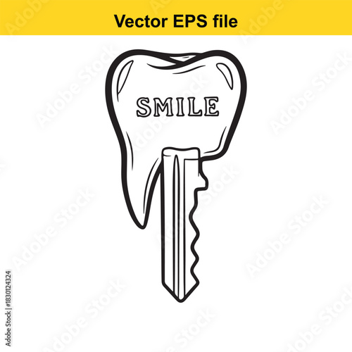 Outline vector illustration of a tooth shaped like a key with the word smile inscribed on it, symbolizing dental care and access to a healthy smile, isolated on white background