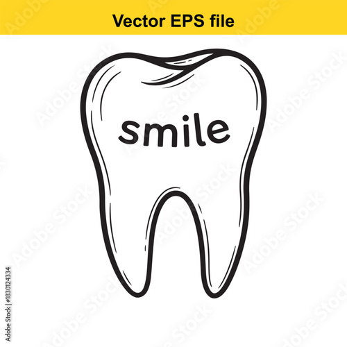 Hand drawn doodle style vector illustration of a molar tooth with the word smile written on it, isolated on white background
