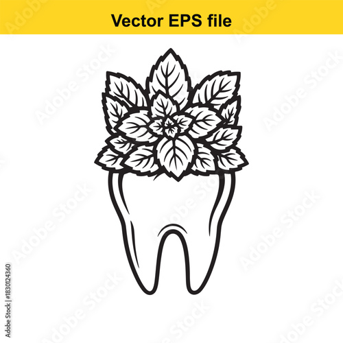 Black and white line art vector illustration of a molar tooth with fresh mint leaves growing out of the top, symbolizing dental freshness and oral hygiene, isolated on white background