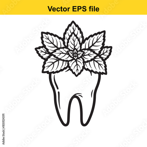 Black and white line art vector illustration of a molar tooth topped with a fresh mint leaf sprig, symbolizing dental freshness and hygiene, isolated on white background