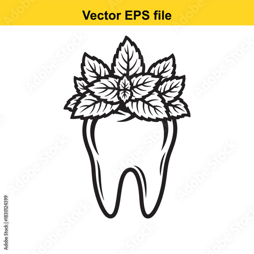 Black and white line art vector icon of a molar tooth topped with fresh mint leaves symbolizing dental hygiene, freshness, and natural care, isolated on white background