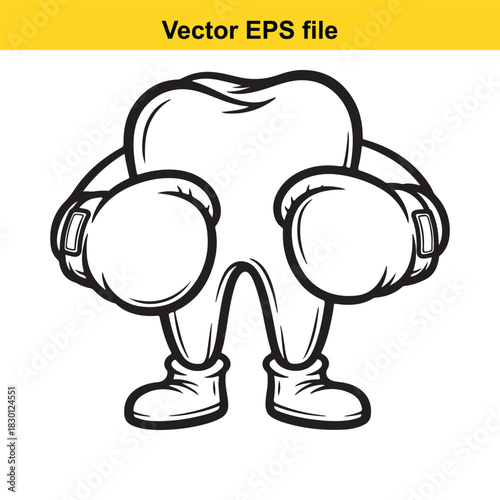 Cartoon molar tooth character wearing boxing gloves and boots, strong dental health concept, isolated on white background
