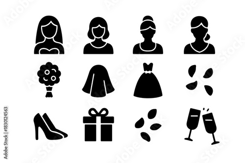 Bridal Moment Icons. Bridal moment. Solid icon set of Bridal moment: bride, bridesmaid , bridesmaid , bridesmaid , bridesmaid , bouquet, veil, wedding dress,