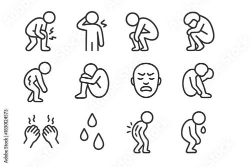 Physical Suffering Icons. Physical suffering. Line icon set of Physical suffering: gripping leg, hand on head, bent knees, twisted body, curled-up figure,