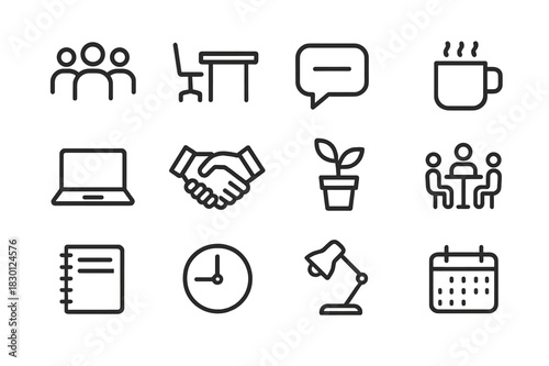 Coworking Icon Set. Coworking community. Line icon set of coworking community: people, desk, chat bubble, coffee mug, laptop, handshake, plant, meeting table,