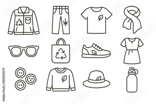 Eco Fashion Icons. Eco-conscious fashion lifestyle. Line icon set of Eco-conscious fashion lifestyle: upcycled jacket, hemp pants, organic cotton shirt,