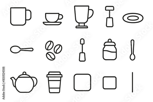 Coffee Shop Icon Set. Coffee shop items. Line icon set of Coffee shop items: coffee mug, espresso cup, latte glass, saucer, spoon, coffee beans, milk frother,