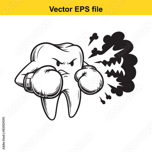 Angry cartoon molar tooth character wearing boxing gloves delivering a powerful punch, vector illustration isolated on white background