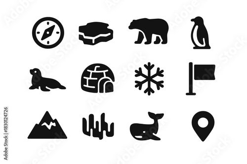 North Pole Icons. North pole. Solid icon set of north pole: compass, ice floe, polar bear, penguin, seal, igloo, snowflake, flag, mountain, aurora, whale, map