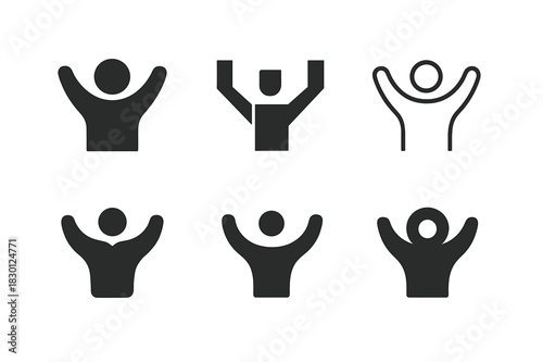 Standing Ovation Icons. standing ovation. Icon set. Set Logo of standing ovation: raised arms silhouette. harmonious logo variations of the same emblematic