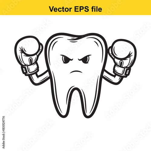 Angry cartoon tooth character wearing boxing gloves, representing dental strength, fight against decay, or aggressive oral hygiene concept, vector illustration