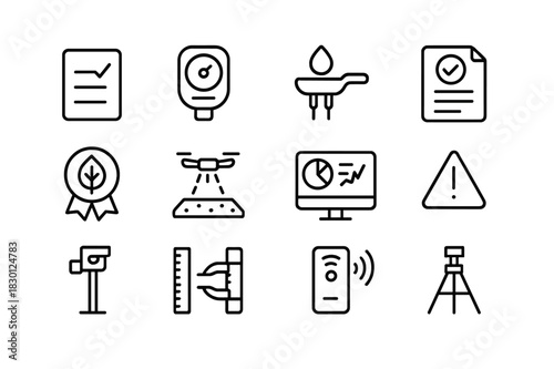 Monitoring Icon Set. Monitoring and compliance. Line icon set of monitoring and compliance: checklist, air monitor, soil test kit, compliance report,