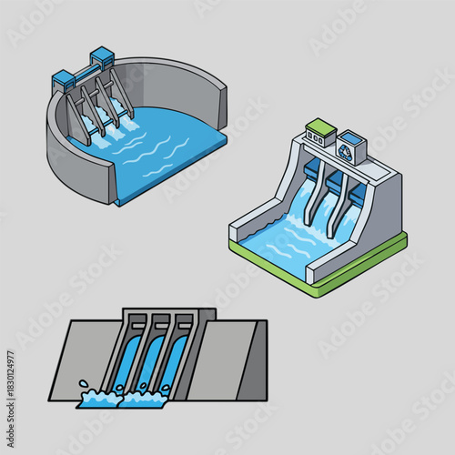 Dam diagrams showing hydroelectric power generation process suitable for educational materials, presentations, and articles on renewable energy and engineering.
