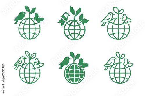 Biodiversity Conservation Logos. biodiversity conservation. Icon set. Set Logo of biodiversity conservation: globe with flora and fauna. harmonious logo