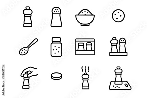 Pepper Grinder Icons. Pepper grinder. Line icon set of pepper grinder: pepper mill, salt shaker, bowl, peppercorn, spoon, jar, kitchen counter, spice rack,