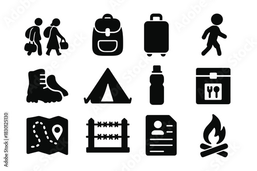 Forced Relocation Icons. Forced relocation. Solid icon set of Forced relocation: family carrying bags, backpack, suitcase, child, walking shoes, tent, water