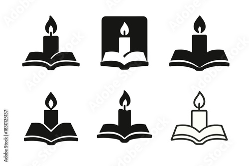 Candlelit Study Icons. Bookish ambiance. Icon set. Set Logo of bookish ambiance: Candlelit study desk. harmonious logo variations of the same emblematic