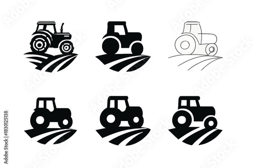 Tractor Logo Variations. Tractor. Icon set. Set Logo of Tractor: Tractor on Hillside. harmonious logo variations of the same emblematic concept, each with