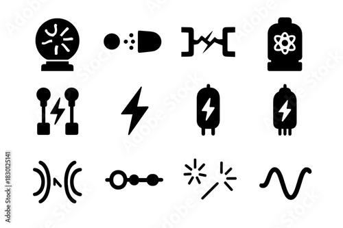 Plasma Technology Icons. Plasma technology. Solid icon set of Plasma technology: plasma ball, ion beam, electric arc, reactor, electrodes, lightning bolt, gas