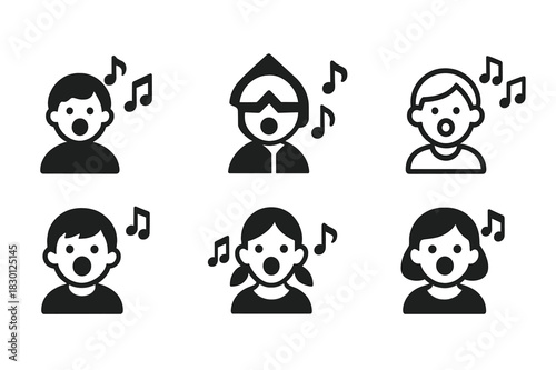 Singing Class Icons. teaching singing to children and youth. Icon set. Set Logo of teaching singing to children and youth: child with open mouth and notes.