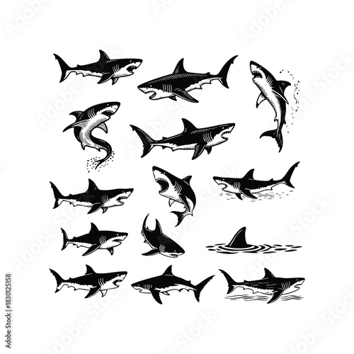 vintage-style illustrations depicting various shark species in different poses, including a dorsal fin cutting through the water, vector template
