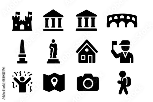 Cultural Sightseeing Icons. Cultural sightseeing. Solid icon set of Cultural sightseeing: castle, museum, ancient temple, historic bridge, monument, statue,