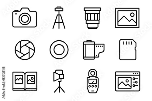 Photography Icon Set. Photography expression. Line icon set of Photography expression: camera, tripod, lens, photo frame, aperture symbol, shutter button, film