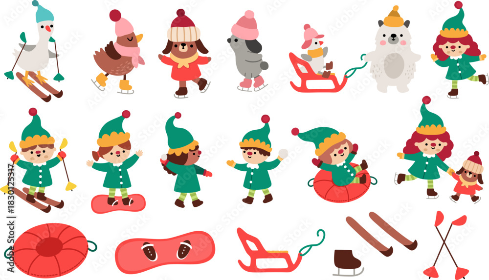 Fototapeta premium Vector Christmas elf doing winter sport outdoor activities clipart set. New Year elves icons with snow tube, sledge, snowboard, ski, skates. Cute fantasy creatures. Holiday dwarves, animals