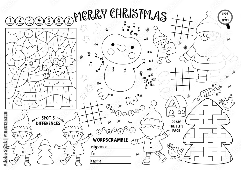 Naklejka premium Vector Christmas village placemat for kids. Winter holiday printable activity mat with maze, tic tac toe charts, connect the dots, find difference. New Year black and white play mat or coloring page