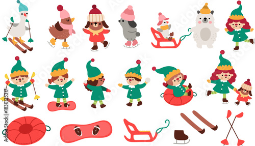 Vector Christmas elf doing winter sport outdoor activities clipart set. New Year elves icons with snow tube, sledge, snowboard, ski, skates. Cute fantasy creatures. Holiday dwarves, animals