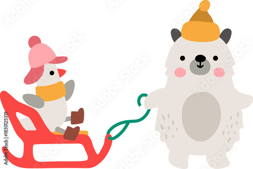 Vector polar or white bear in warm hat pulling sled with goose. Christmas animal clipart. Cute new year symbol illustration for kids. Winter holiday icon isolated on white background