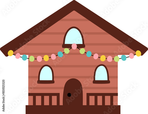 Vector colored minimalist chalet style house decorated with garland. Wooden Christmas home illustration isolated on white background. New Year or winter holiday cottage, villa icon