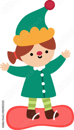 Vector Christmas ice skating elf girl in green hat on snowboard. Cute new year symbol gnome doing winter sport illustration for kids. Winter holiday dwarf icon isolated on white background