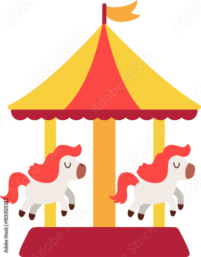Vector merry-go-round with horses. Traditional retro carousel for kids. Simple holiday or Christmas fair ride. Amusement park attraction clipart for children