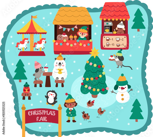 Vector Christmas fair landscape. Holiday market detailed scene with cute animals, birds drinking coffee, merry-go-round. New year village background for kids with sweet stand with elf