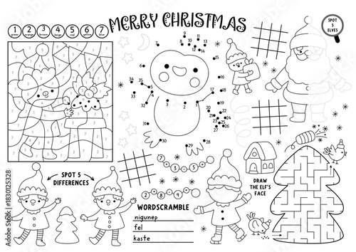 Vector Christmas village placemat for kids. Winter holiday printable activity mat with maze, tic tac toe charts, connect the dots, find difference. New Year black and white play mat or coloring page
