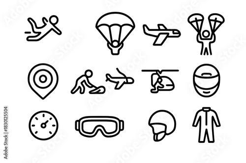 Parachuting Icon Set. Parachuting techniques. Line icon set of Parachuting techniques: freefall, canopy control, landing zone, steering toggles, packing