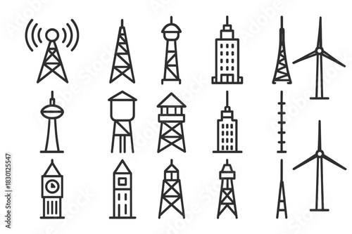 Iconic Towers Collection. Tower functions. Line icon set of Tower functions: communication tower, cellular tower, radio mast, broadcast tower, observation