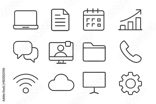 Collaboration Tools Icons. Collaboration tools. Line icon set of collaboration tools: laptop, document, calendar, chart, chat bubble, video call, folder,