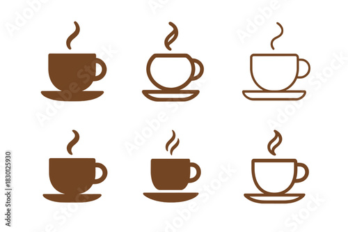 Cafe Logo Variations. cafe. Icon set. Set Logo of cafe: coffee mug with saucer. harmonious logo variations of the same emblematic concept, each with different