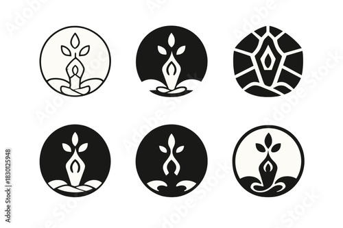 Outdoor Yoga Logos. outdoor yoga meetups. Icon set. Set Logo of outdoor yoga meetups: yoga pose silhouette. harmonious logo variations of the same emblematic