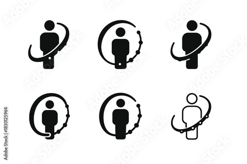 Time Dilation Icons. Time dilation and human perception. Icon set. Set Logo of time dilation and human perception: Timeline bending around figure. harmonious