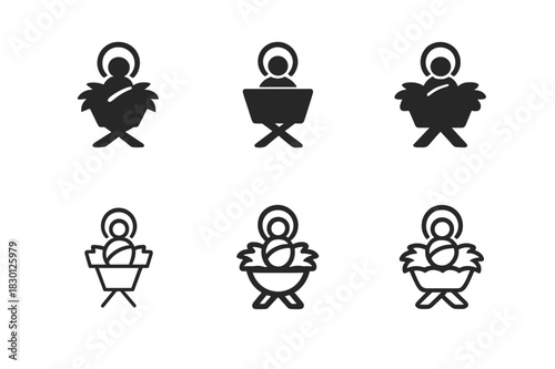 Nativity Icon Variations. Nativity scene. Icon set. Set Logo of nativity scene: Baby Jesus in manger. harmonious logo variations of the same emblematic