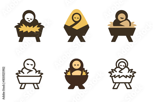 Nativity Icon Variations. Nativity scene. Icon set. Set Logo of nativity scene: Baby Jesus in manger. harmonious logo variations of the same emblematic