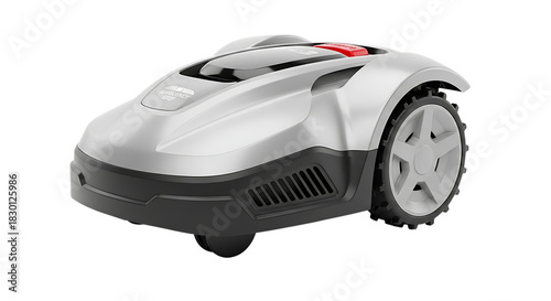 Silver and dark gray robotic lawn mower with red emergency stop button, cutout, PNG isolated on white or transparent background