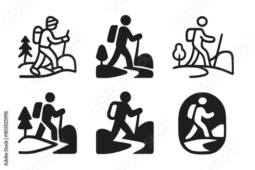 Nature Emblem Logos. Person in nature. Icon set. Set Logo of person in nature: hiker with backpack on a trail. harmonious logo variations of the same